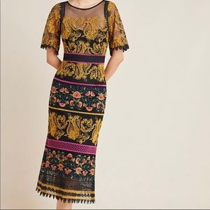 ANTHROPOLOGIE JACQUIN EMBROIDERED MIDI DRESS